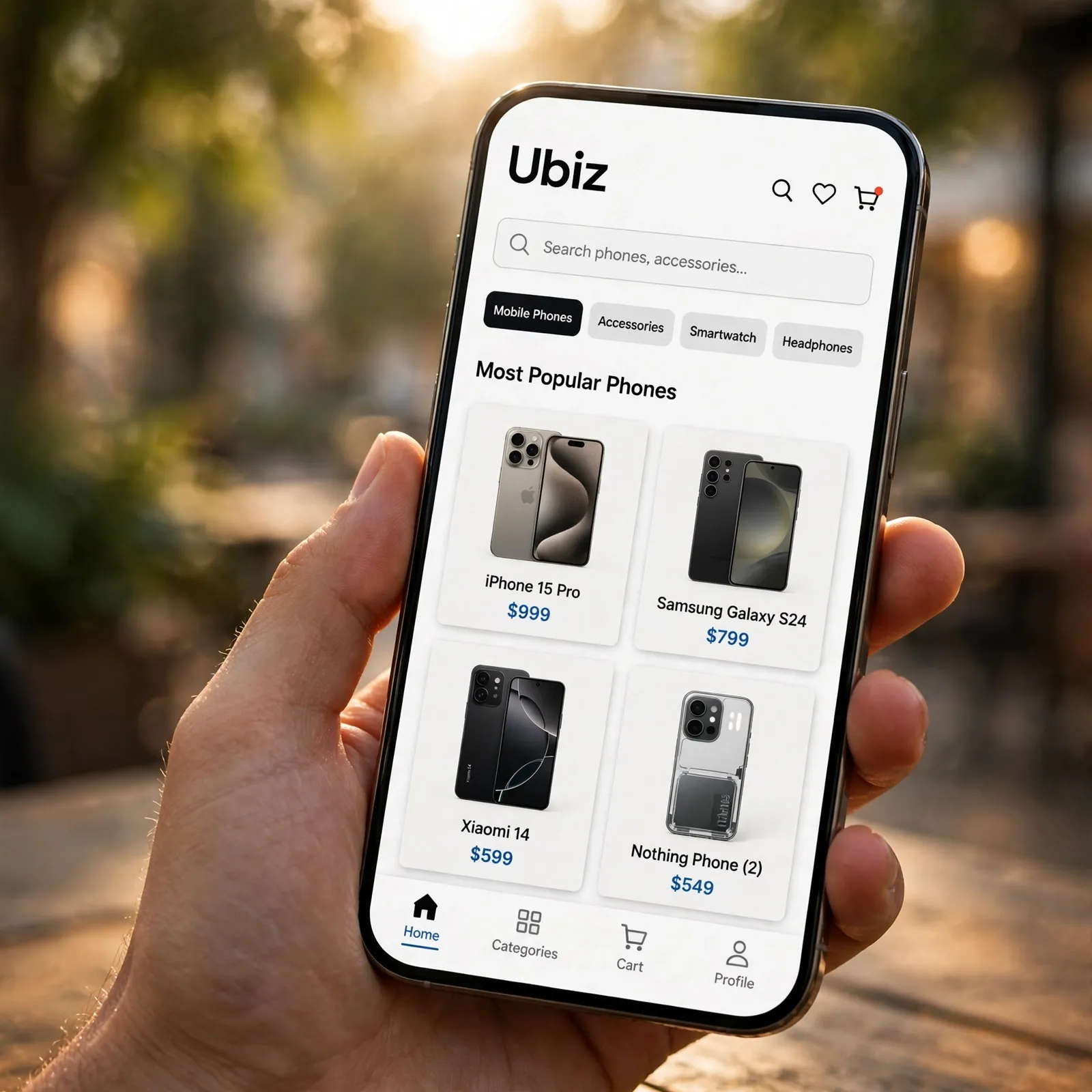 A hand holding a phone that shows an English online shop