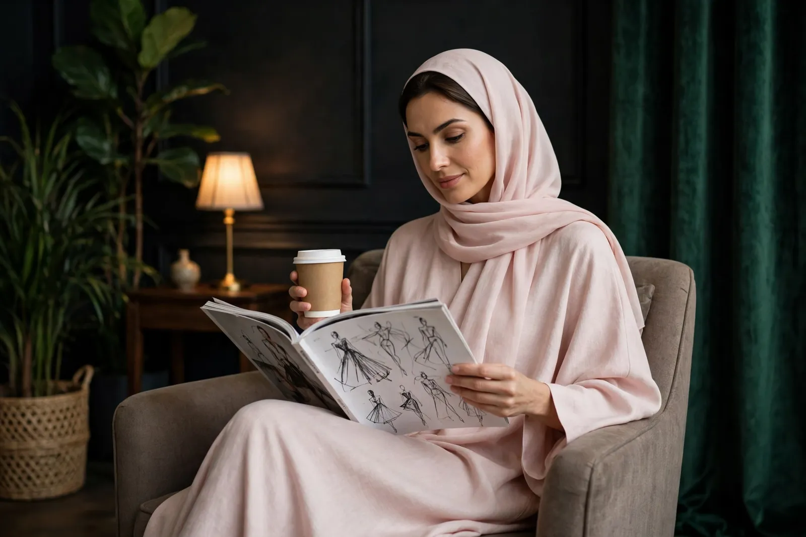 A woman in a light-pink abaya reading a fashion magazine, with a coffee in her hand