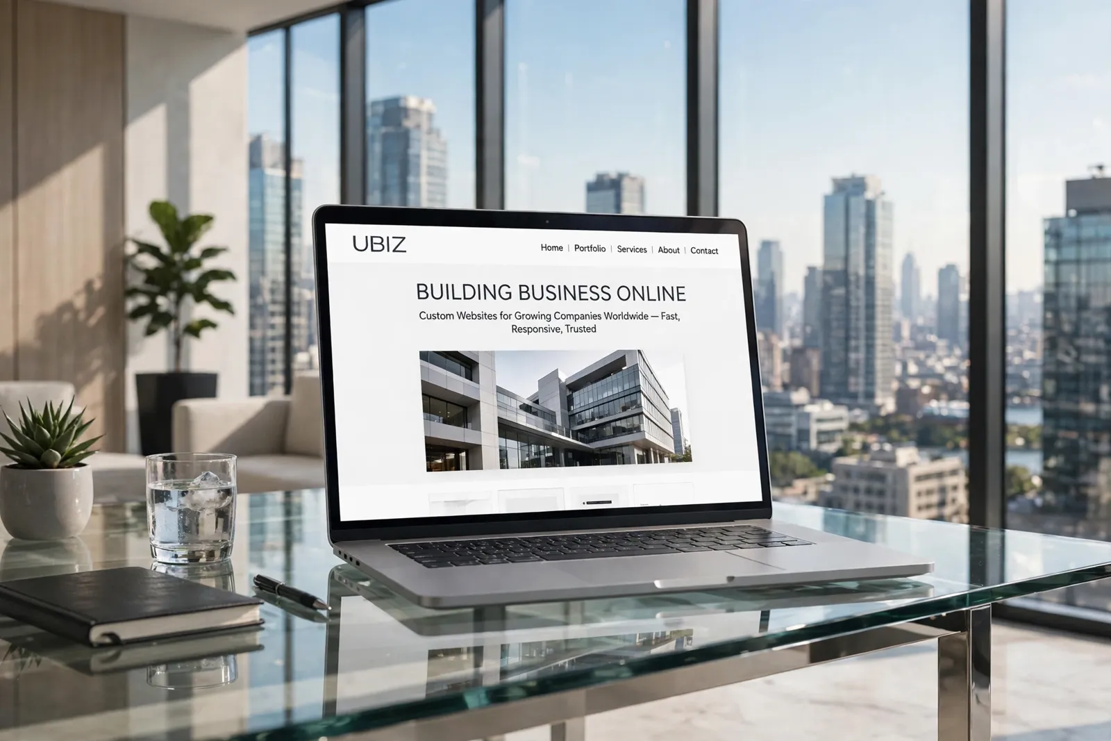 A laptop in a bright city office, showing a company website with the headline Building Business Online
