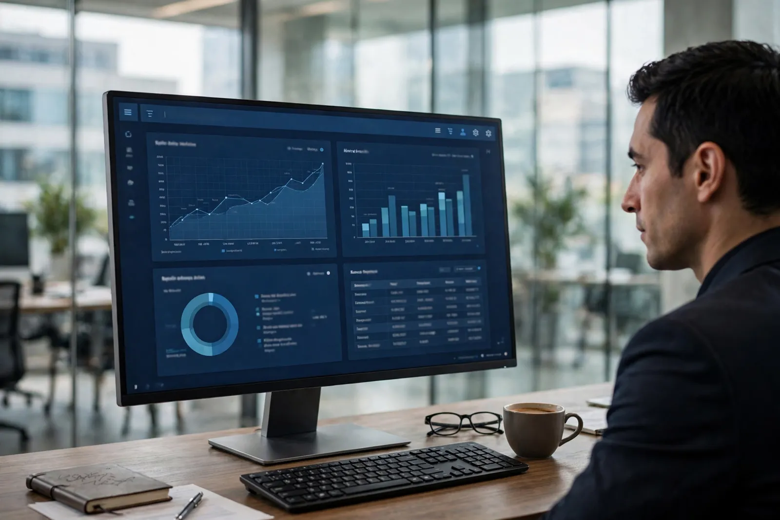 A man looking at charts and a data table on a large monitor in a glass office