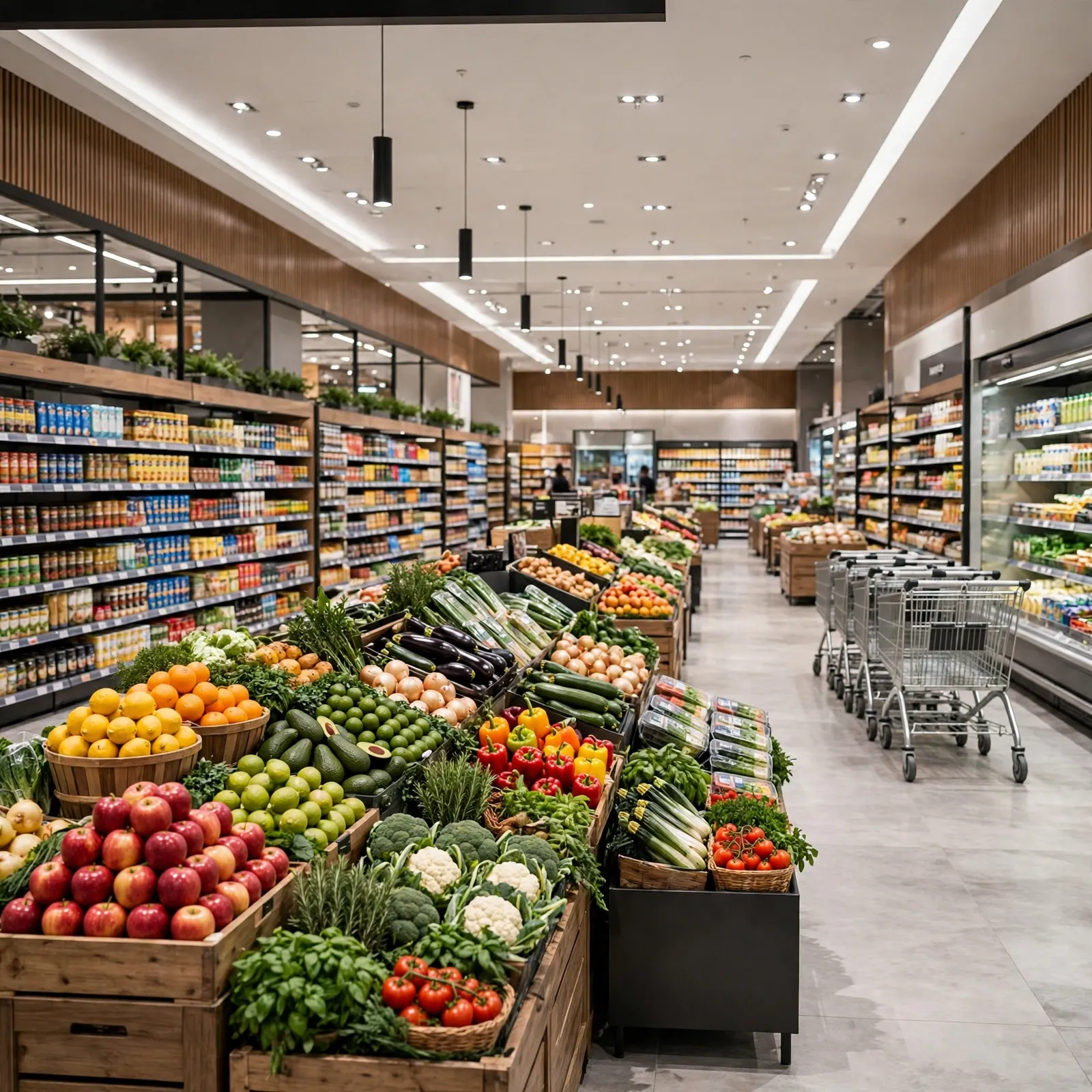 Inside a bright, modern supermarket with full shelves