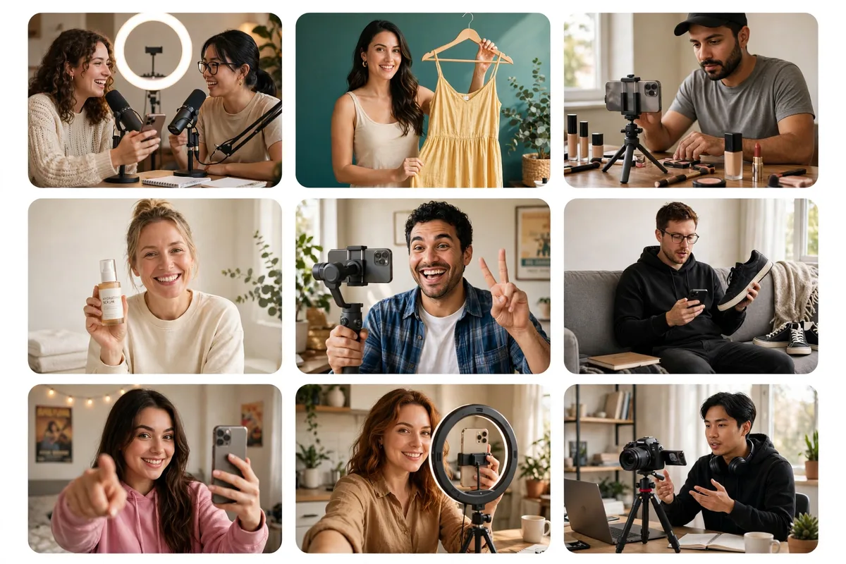 A collage of everyday creators filming UGC product videos — podcasts, fashion, beauty, tech and reviews