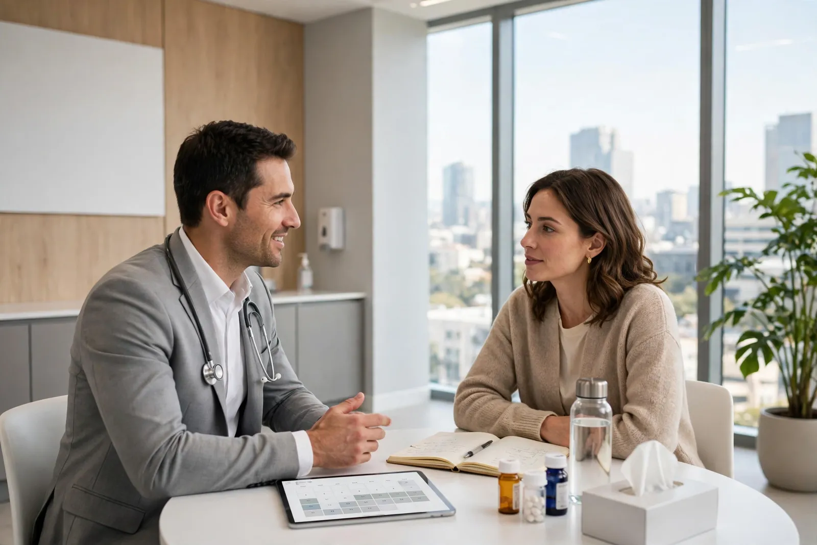 A doctor talking with a patient across a table in a bright clinic room