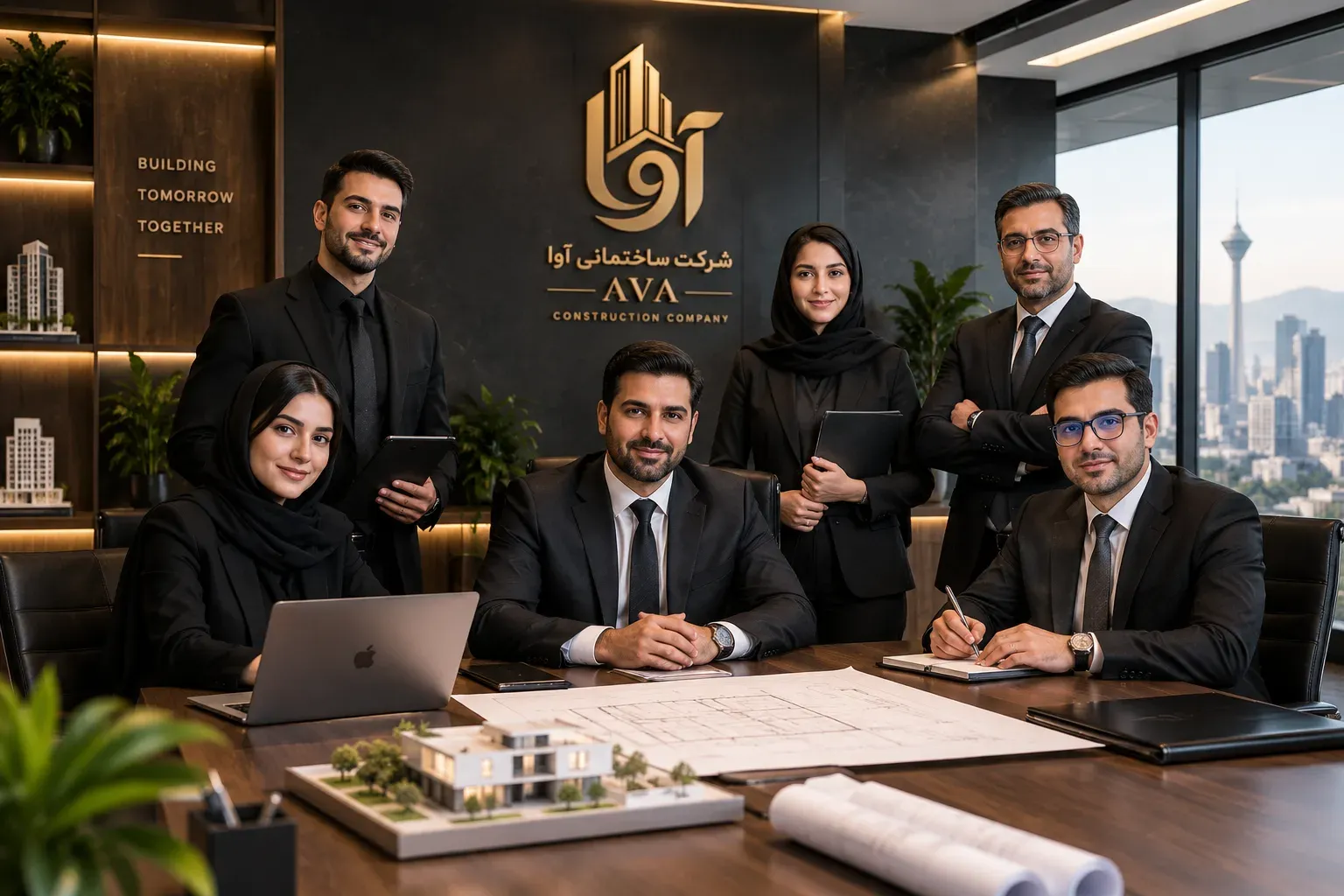 The team of a construction company in their office, around a table with building plans