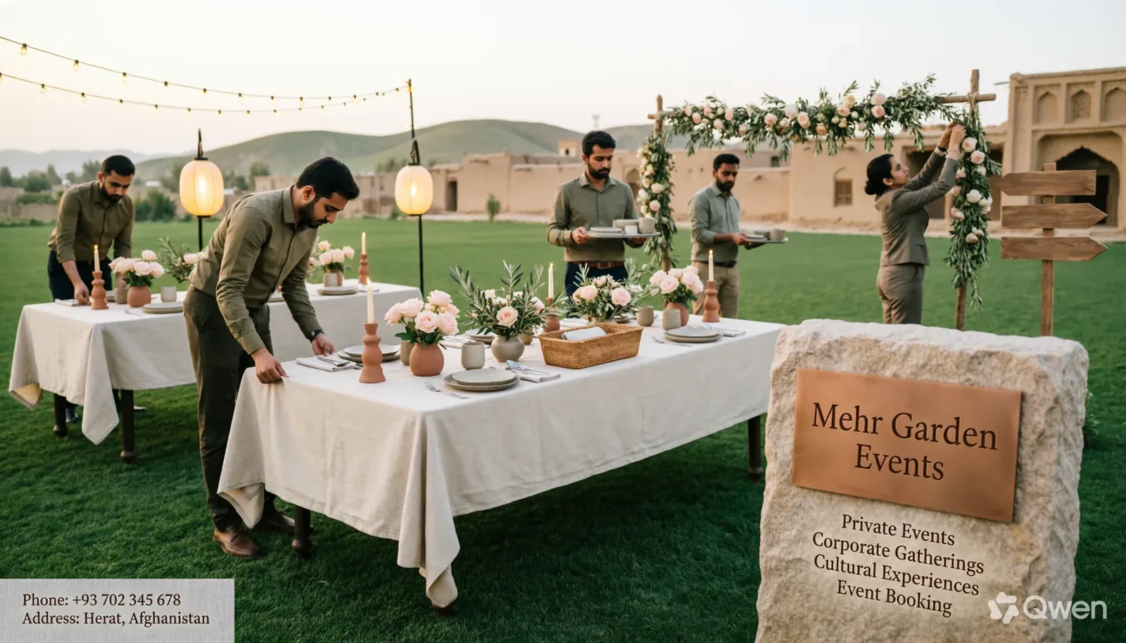 Staff setting up long tables with roses and paper lanterns for an outdoor garden event