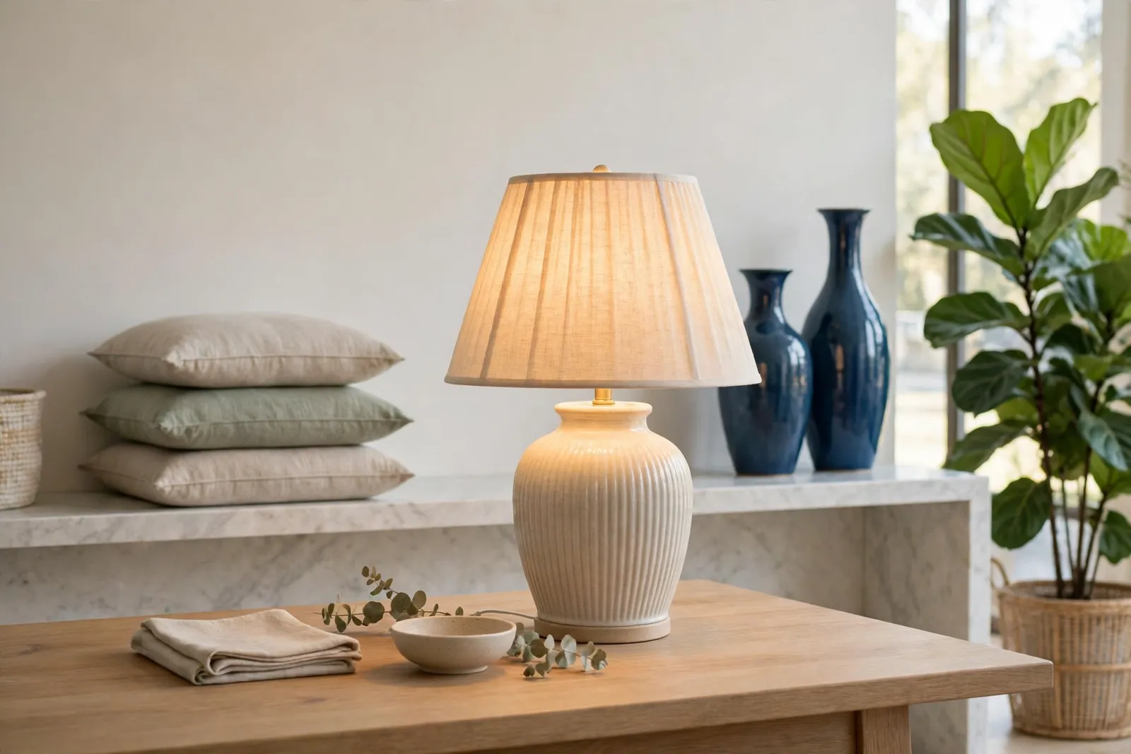 A glowing table lamp on a wooden table, with cushions and blue vases behind it
