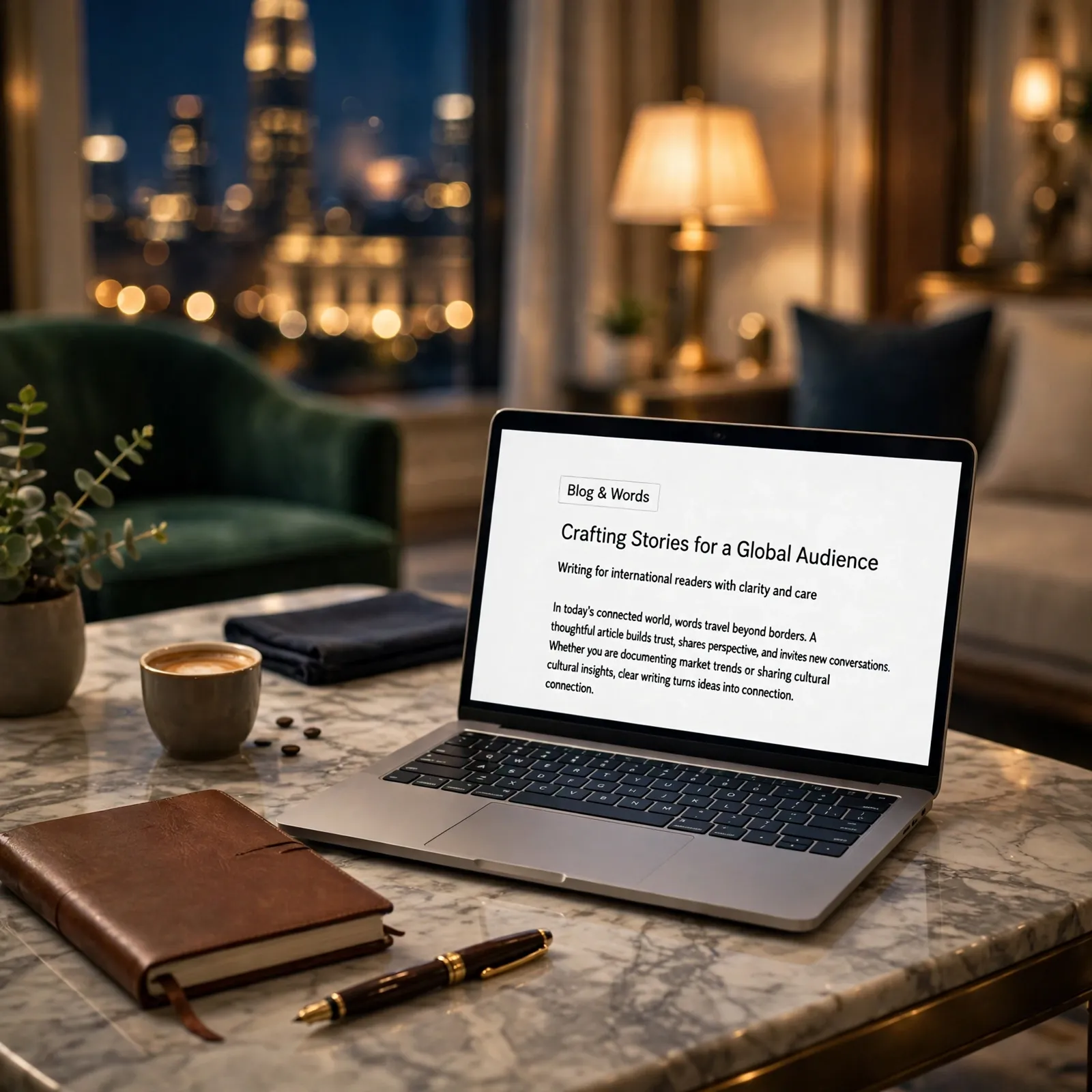 A laptop with an English article being written, beside a leather notebook and a fountain pen