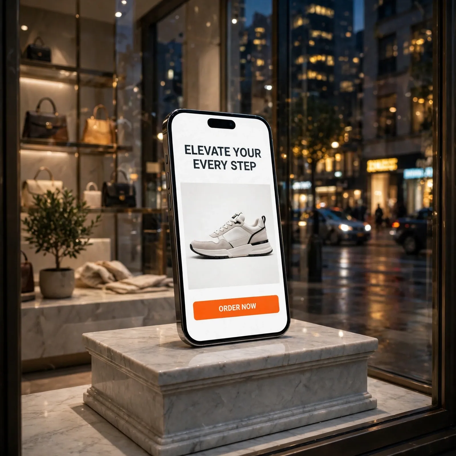 A phone on a marble pedestal in a boutique window, showing one product and an order button