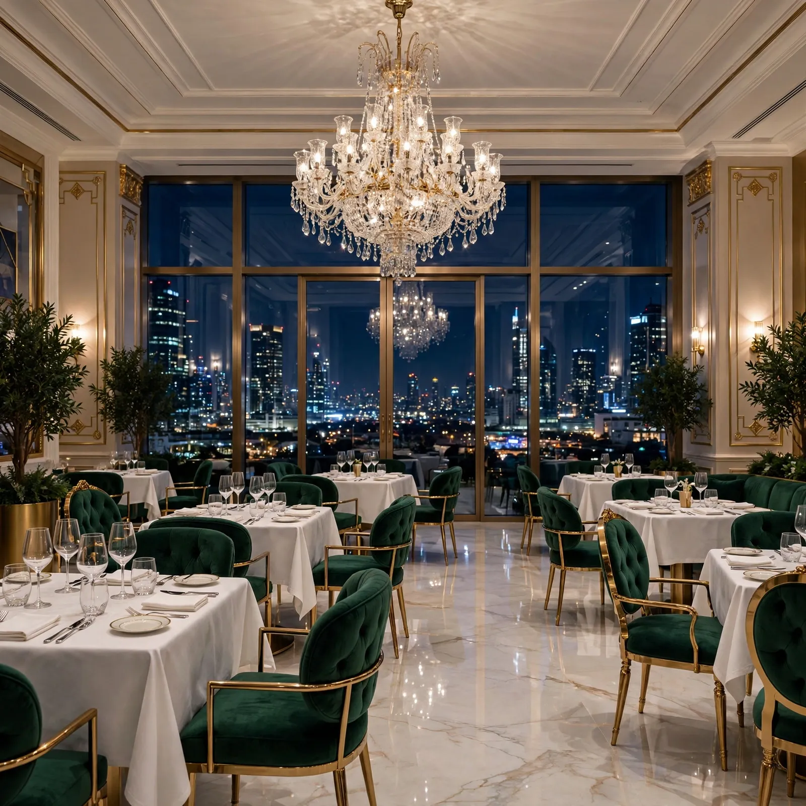 A luxury restaurant with a chandelier and a night city view — the kind of business a Ubiz website serves