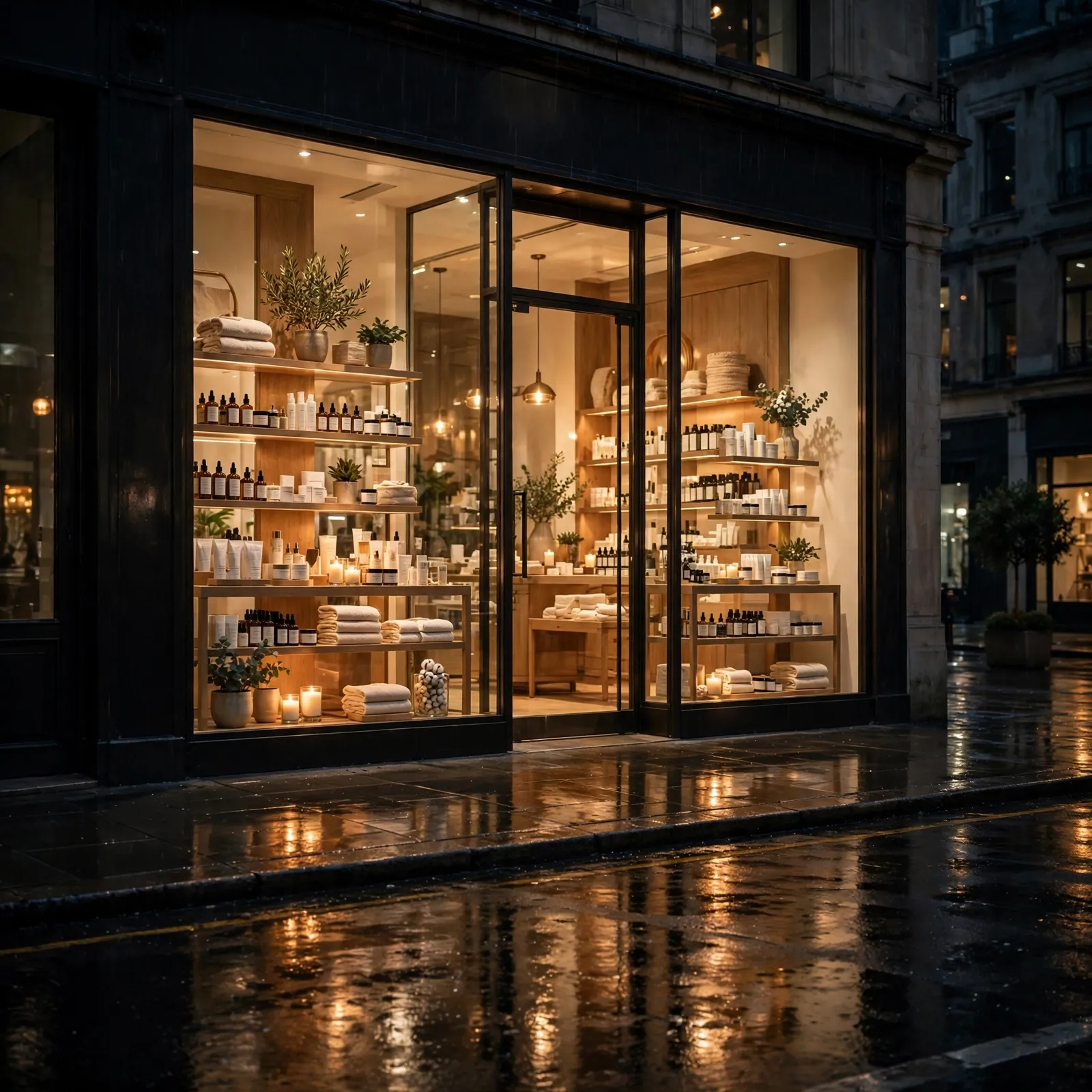 A boutique glowing at night — a shop that stays open, safe and cared for