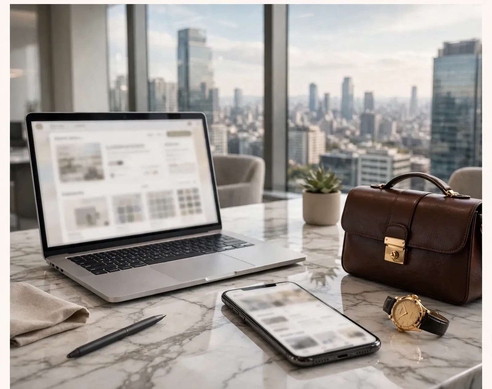 A laptop and a phone showing an online shop on a marble desk