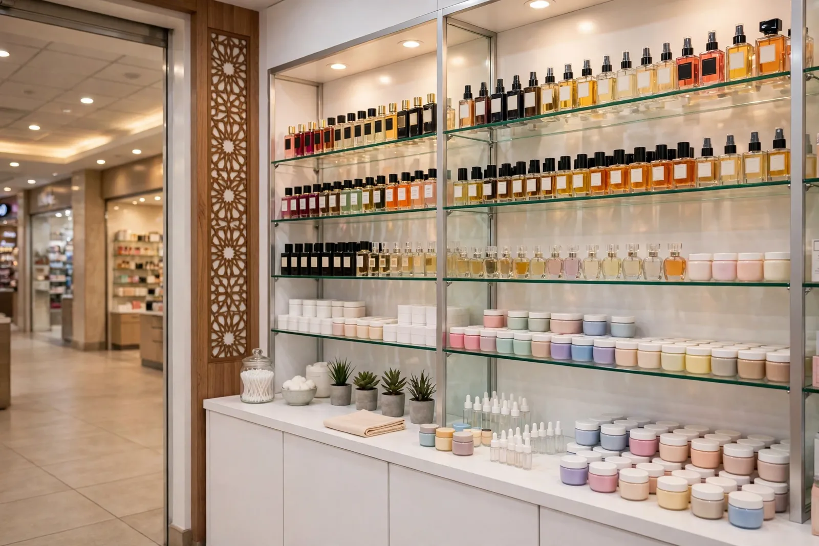 Shelves of perfumes and cosmetics in a bright beauty shop — a sample build