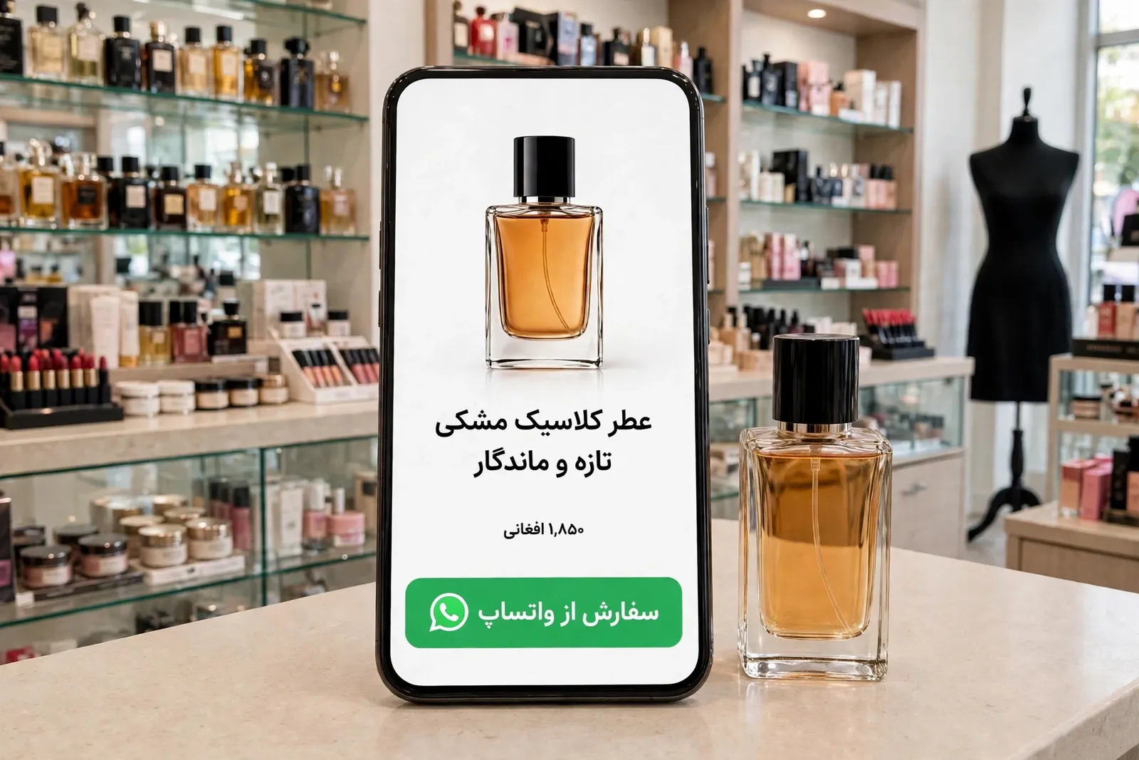A phone in a perfume shop showing a Dari landing page for one perfume, its price in afghani and a WhatsApp order button