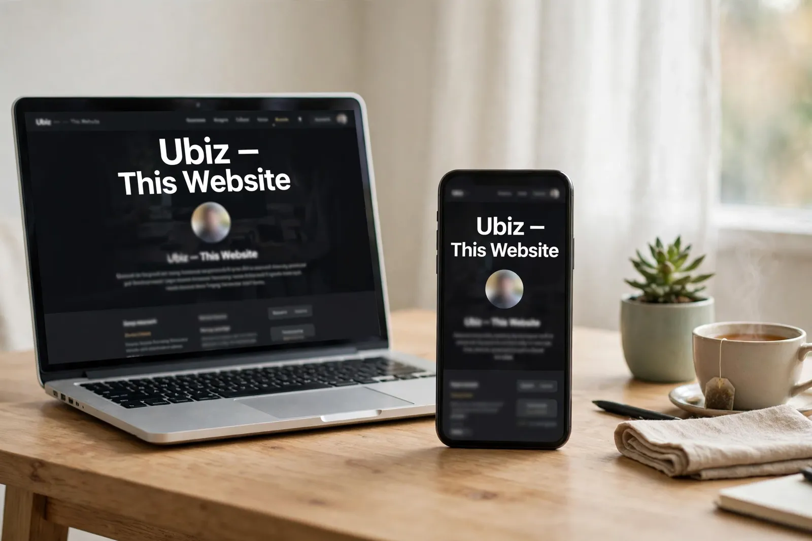 A laptop and a phone on a desk, both showing the Ubiz website